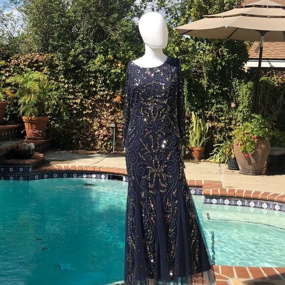 Pisarro Nights Navy & Gold LongSleeve Gown Sz4 - Picture 2 of 8